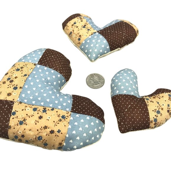 Vintage Puffy Patchwork Quilted Hearts Decor, Blue and Brown Handmade Crafted - Picture 4 of 4